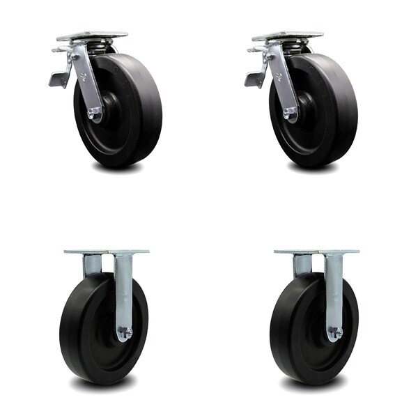 8 Inch Polyolefin Caster Set with Ball Bearings 2 Brakes 2 Rigid